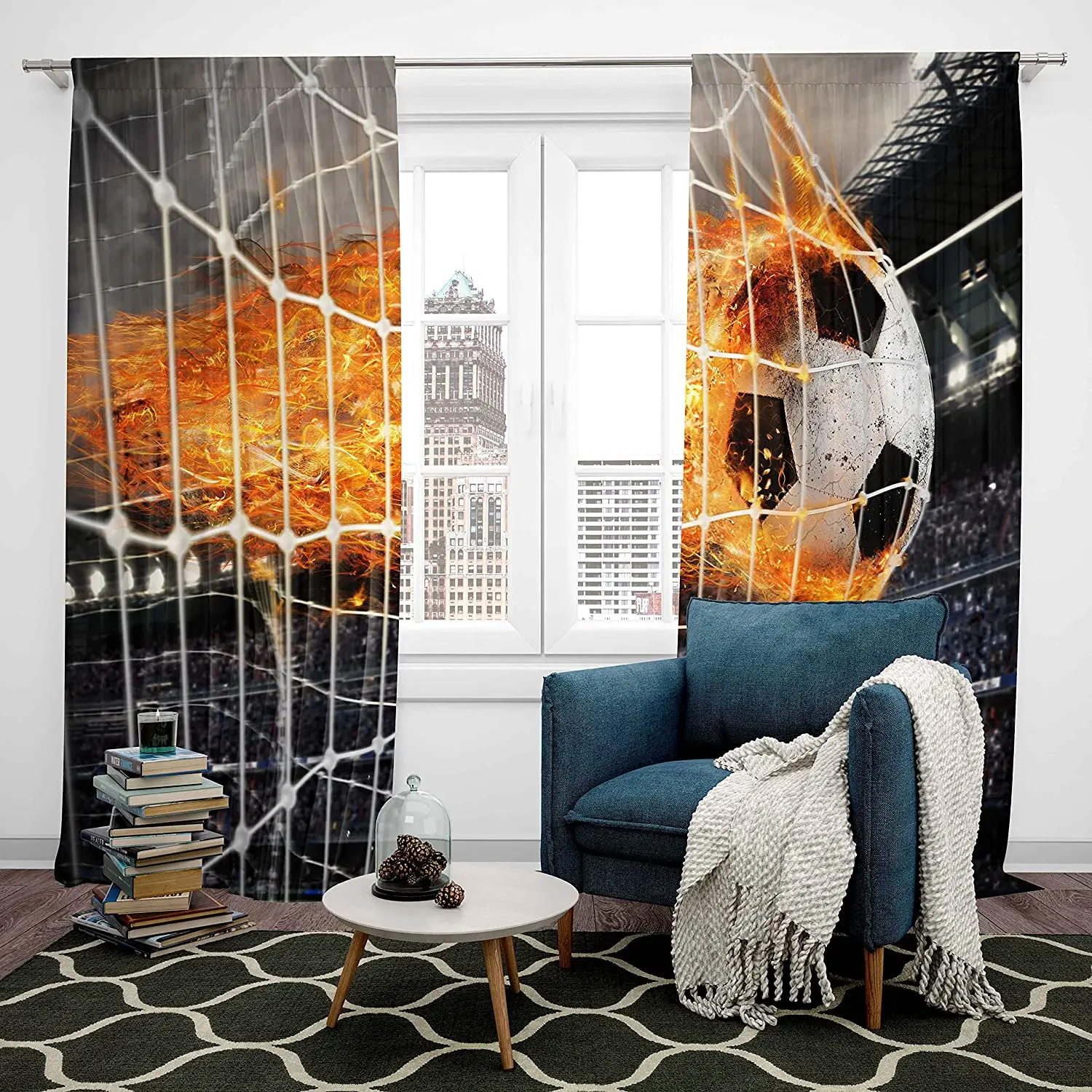 Living Room Decoration Blackout Curtains Sports Theme Children's Curtains Burning Football Figure Luxury Living Room Curtains