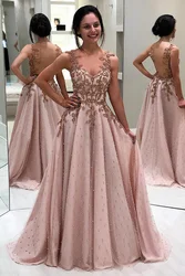 A-line Appliques Pearls Prom Dresses Long Illusion Backless Floor Length Chiffon Evening Gown Pink Prom Dress