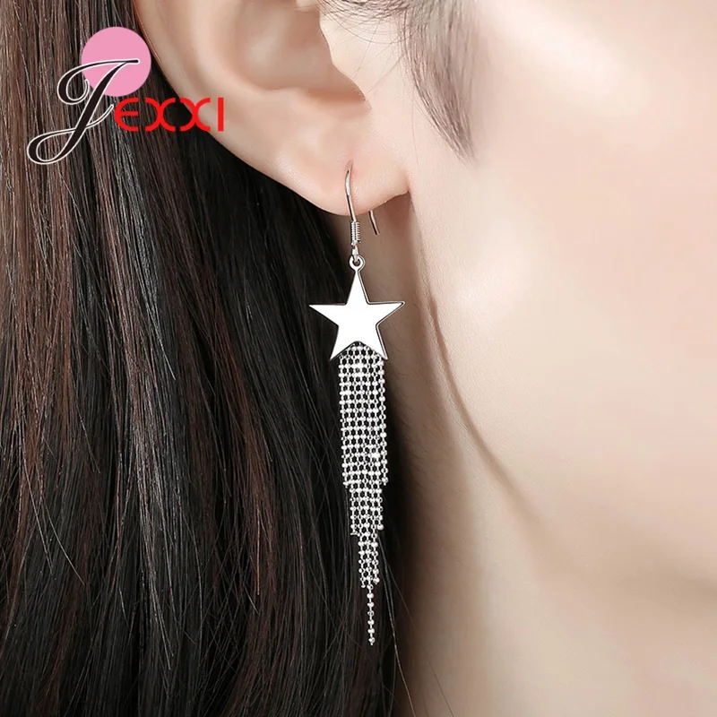 Simple Elegant 925 Sterling Silver Star Long Chain Tassel Dangle Earrings Ear Buckle Women Party Jewelry Gift Supplies