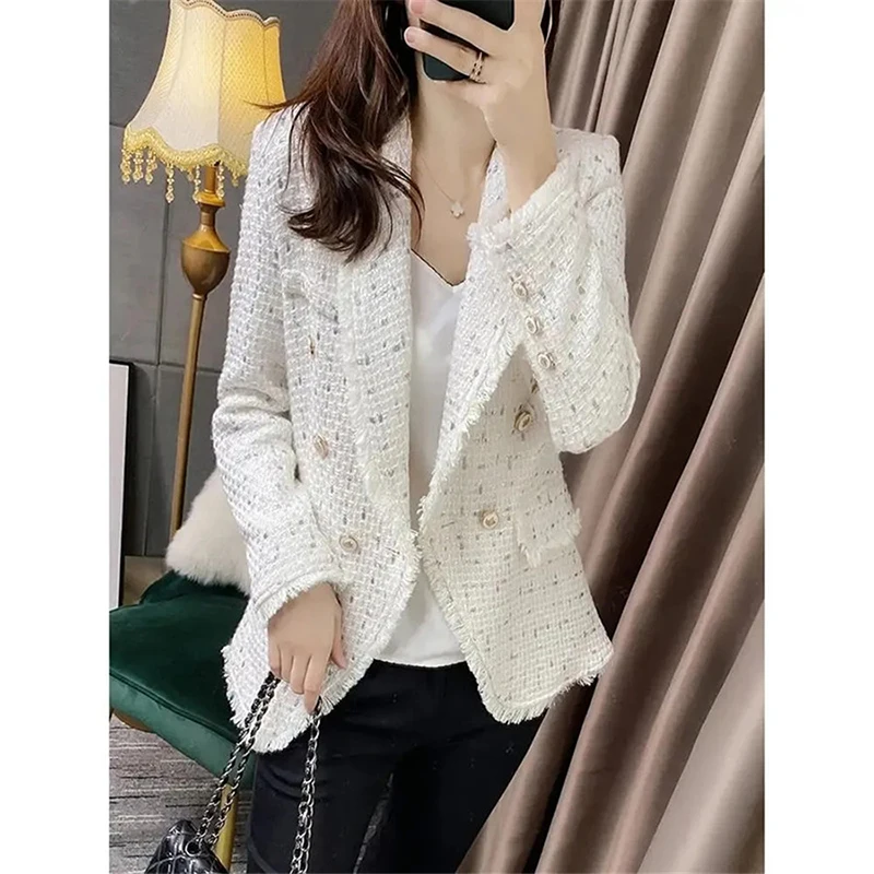 Purple Blazer Women’s Tweed Slim Double Breasted Design Autumn Winter Coat High-End Elegant Korean Fashion Female Wool Jackets