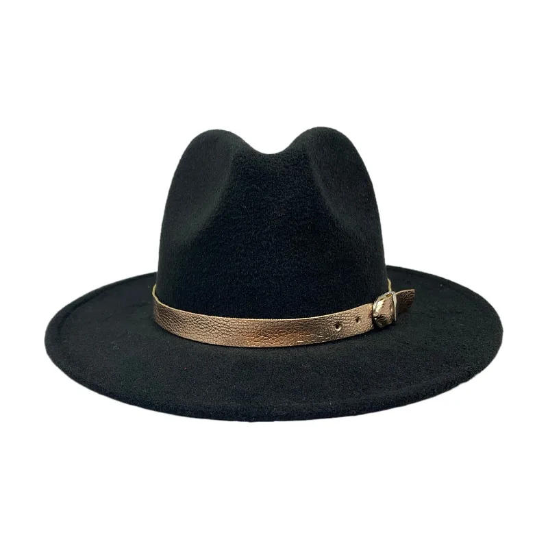 Simple Men Women Black Gold Belt Fedora Jazz Hat British style Trilby Party Formal Panama Cap Dress Hat Cowboy