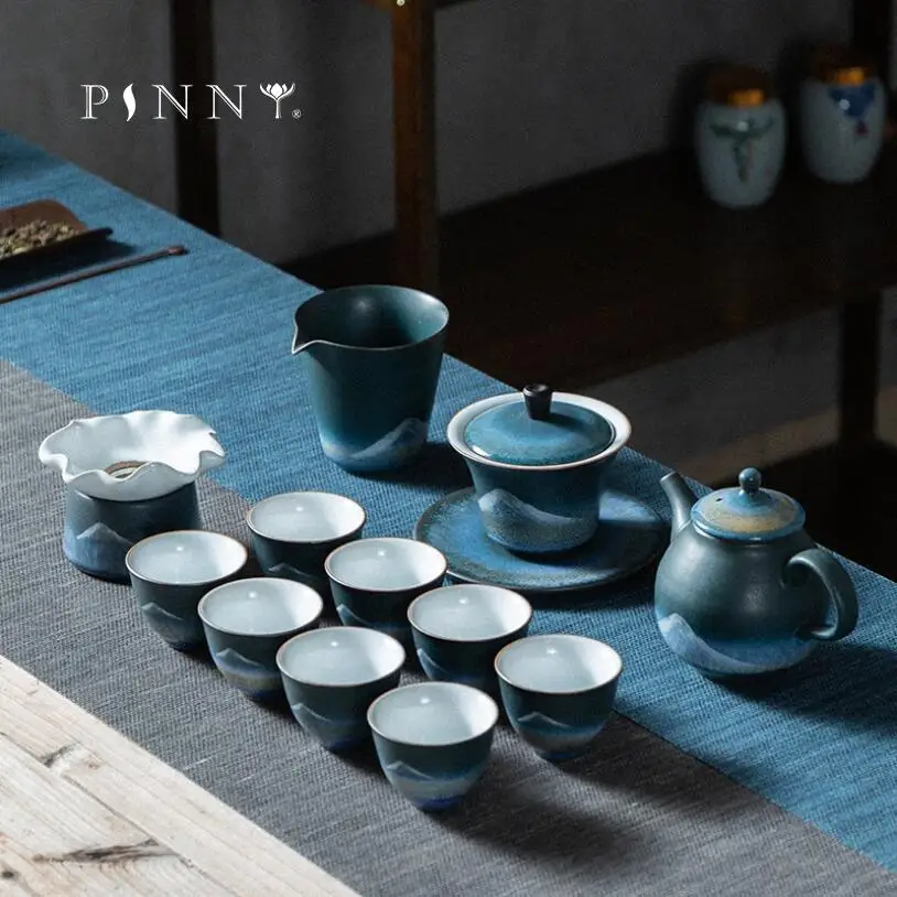 

PINNY 12 Set Retro Ceramic Landscape Tea Set Chinese Kung Fu Teaware Sets Pigmented Tea Service