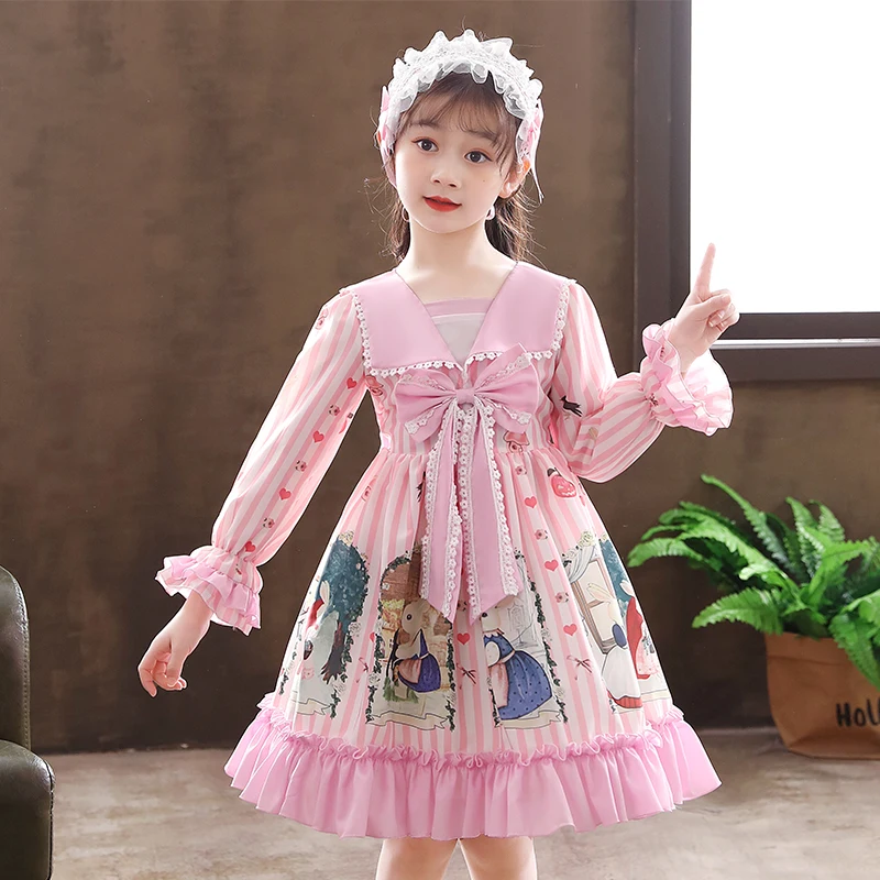 

Lolita Style Print Bow Flower patchwork Wedding Party Evening Frock Costume Princess Girls Tutu Dress Kids Dresses For Girls