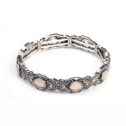 Antique Silver-Color Charm Bracelet Women Boho Blue Resin Stone Carved Elastic Femme Bracelets Bijoux Bangles Wristband