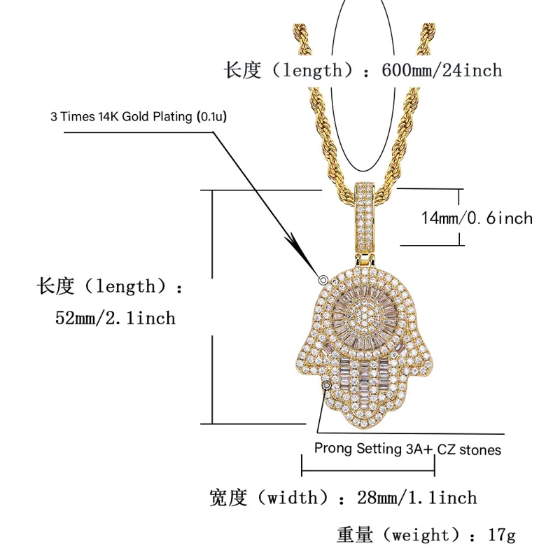 Full AAA+ Cubic Zirconia Paved Bling Ice Out Fatima Hand Amulet Pendants Necklaces for Men Women Hip Hop Rapper Jewelry