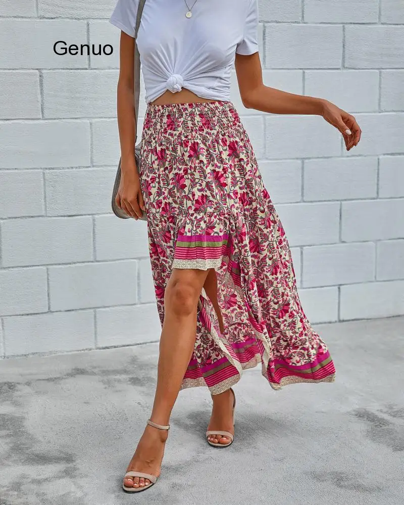 Genuo Boho Print Long Skirts Women Bottoms Elastic Waist Gypsy Ethnic Ladies Skirt Female 2020 Spring Summer New Fashion