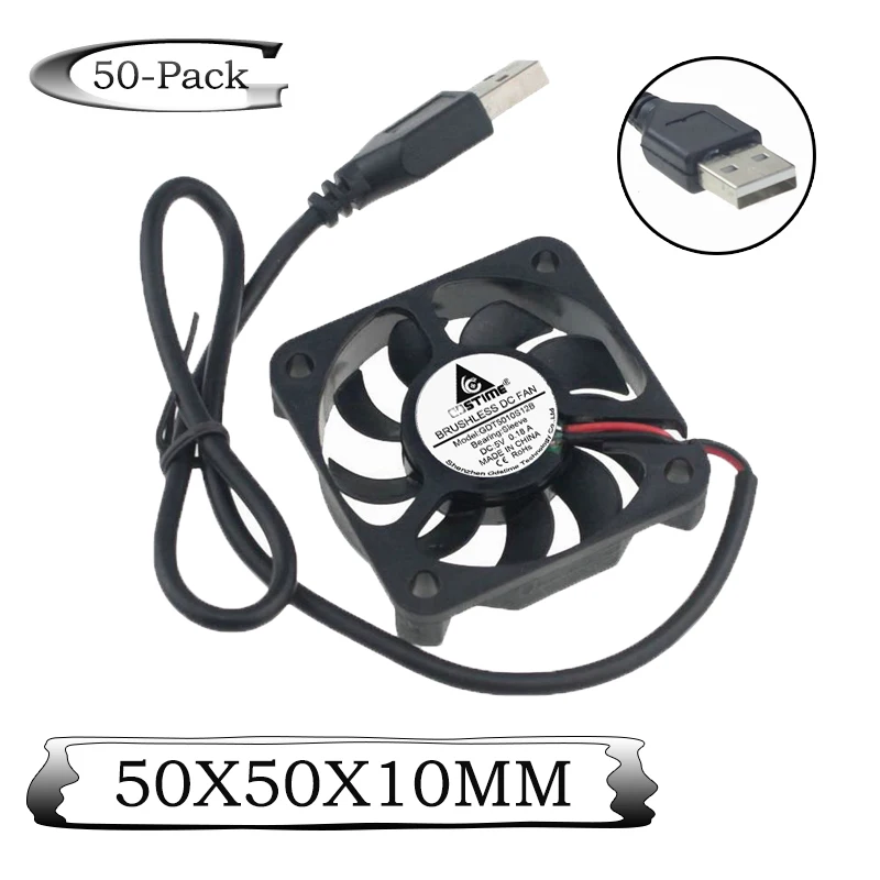 50 Piece Gdstime 5cm 50x50x10mm 5V Motor Brushless DC Cooling Fan 50mm 5010S USB Connector Computer CPU Case Cooler