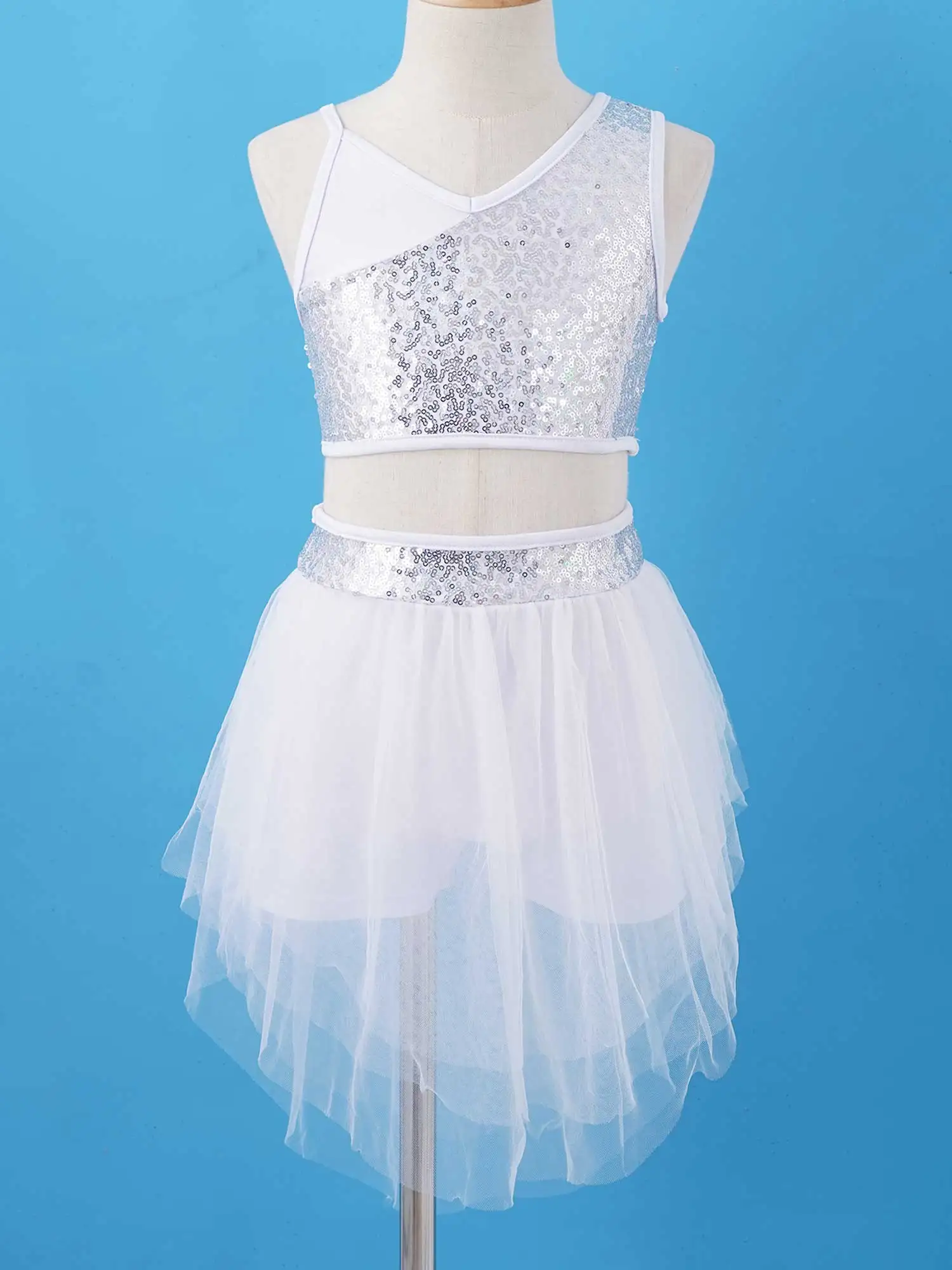 Kids Girls Ballet Dress Outfit Dancewear Sleeveless Sequins Crop Top With Mesh Tutu Skirt Set Latin Jazz Ballroom Dance Costume