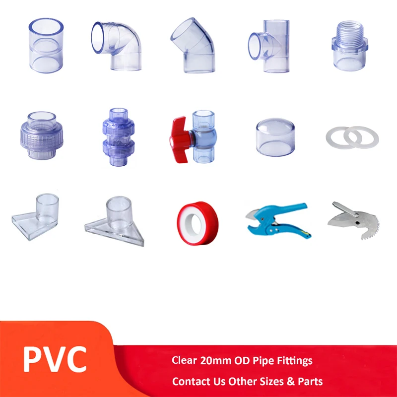 

Clear PVC 20mm ID Pressure Pipe Fittings Metric Solvent Weld Adapter Aquarium Pond Garden DIY Socket Elbow Tee Union End Cap