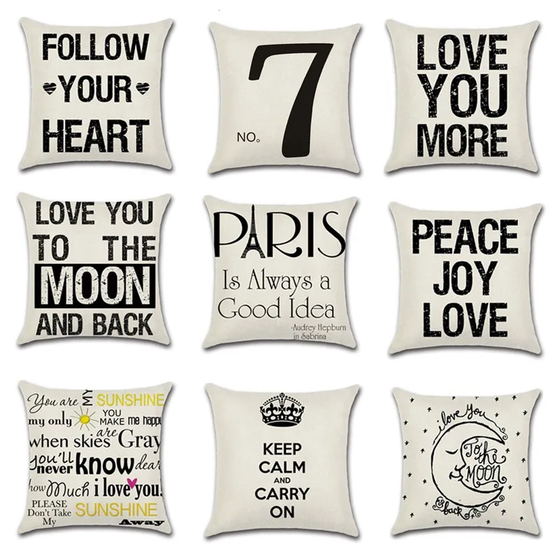 Letters Home Cushion Cover Eco-friendly Cotton Linen Cushion Cover Black Alphabet Pillowcase Decorative Pillow Case Cover