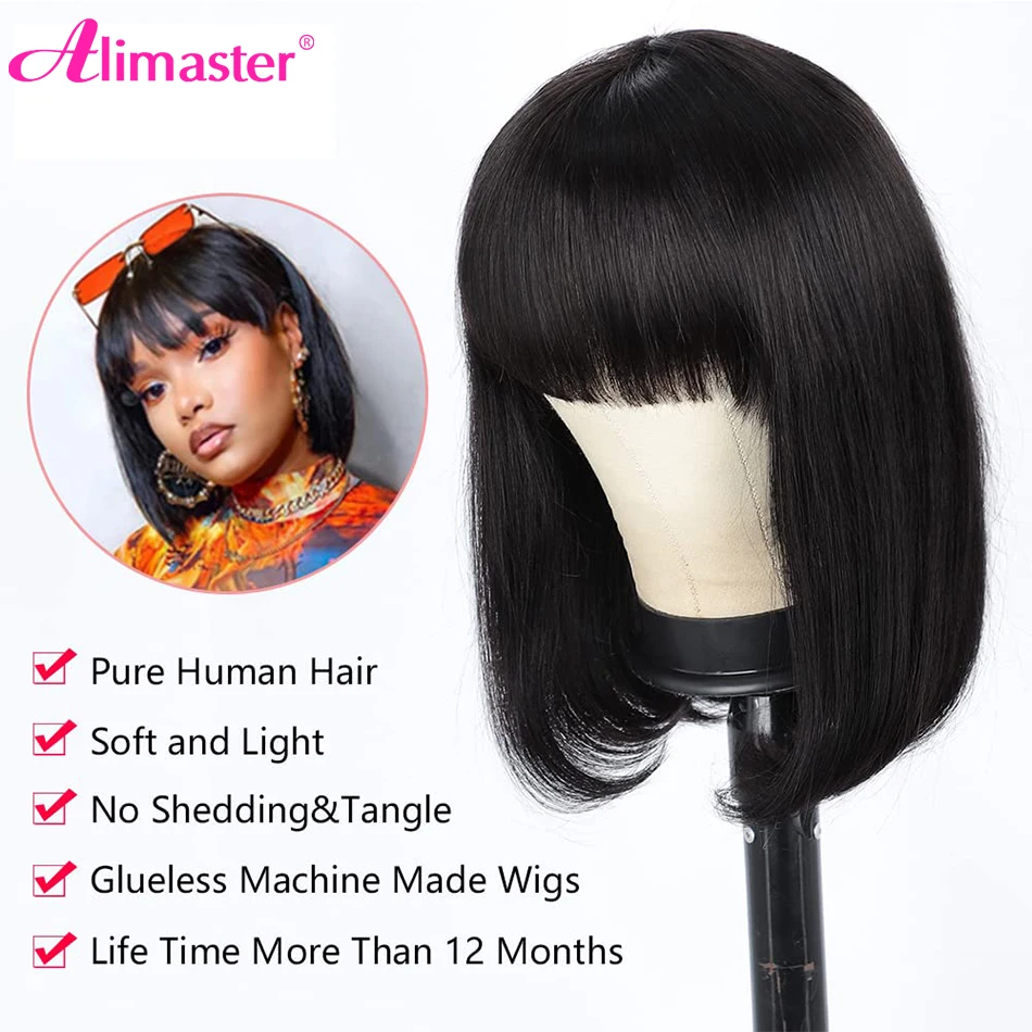 Straight Human Hair Wigs For Women Human Hair Straight Human Hair Bob Hair Wig With Bangs No Lace Fringe Wig Brazilian Hair Sale