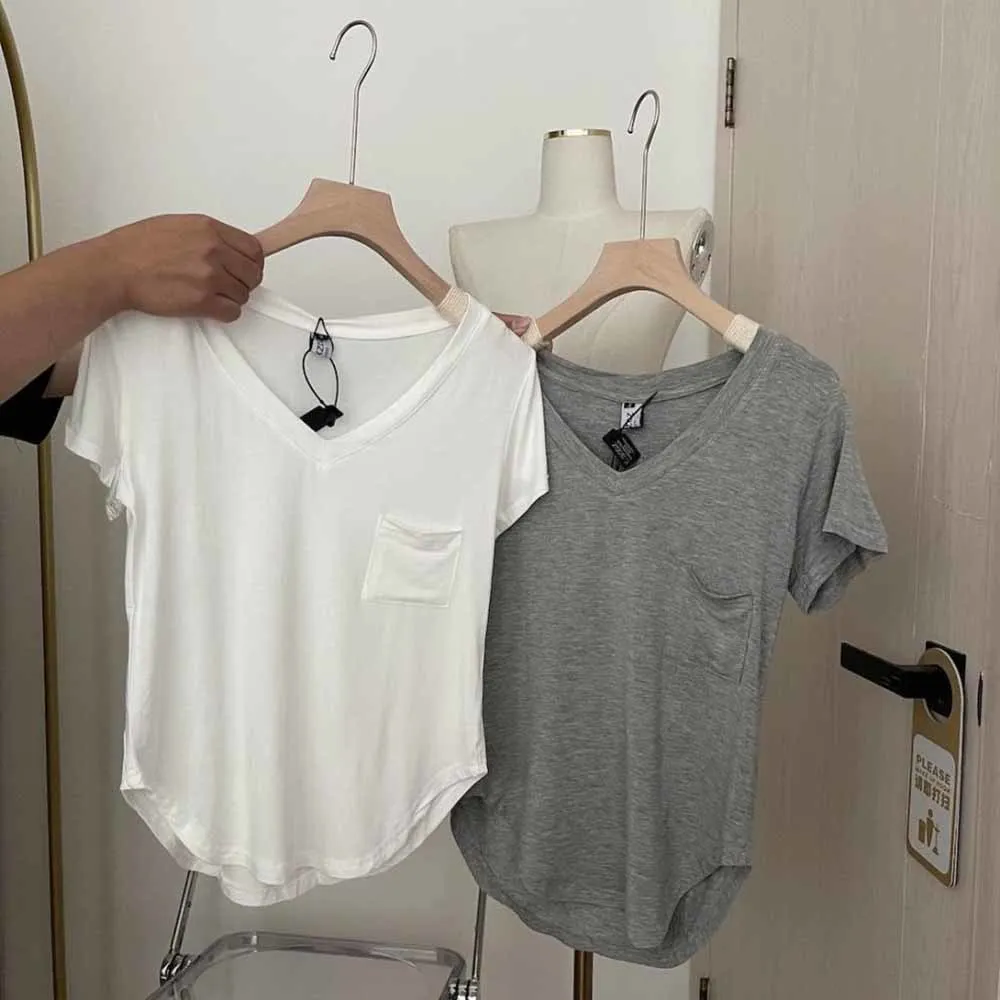 Korean Short Sleeve V-neck Slim Split Irregular Solid Color Pocket T-Shirt Top Women's Summer Tees Hot Sexy Tops