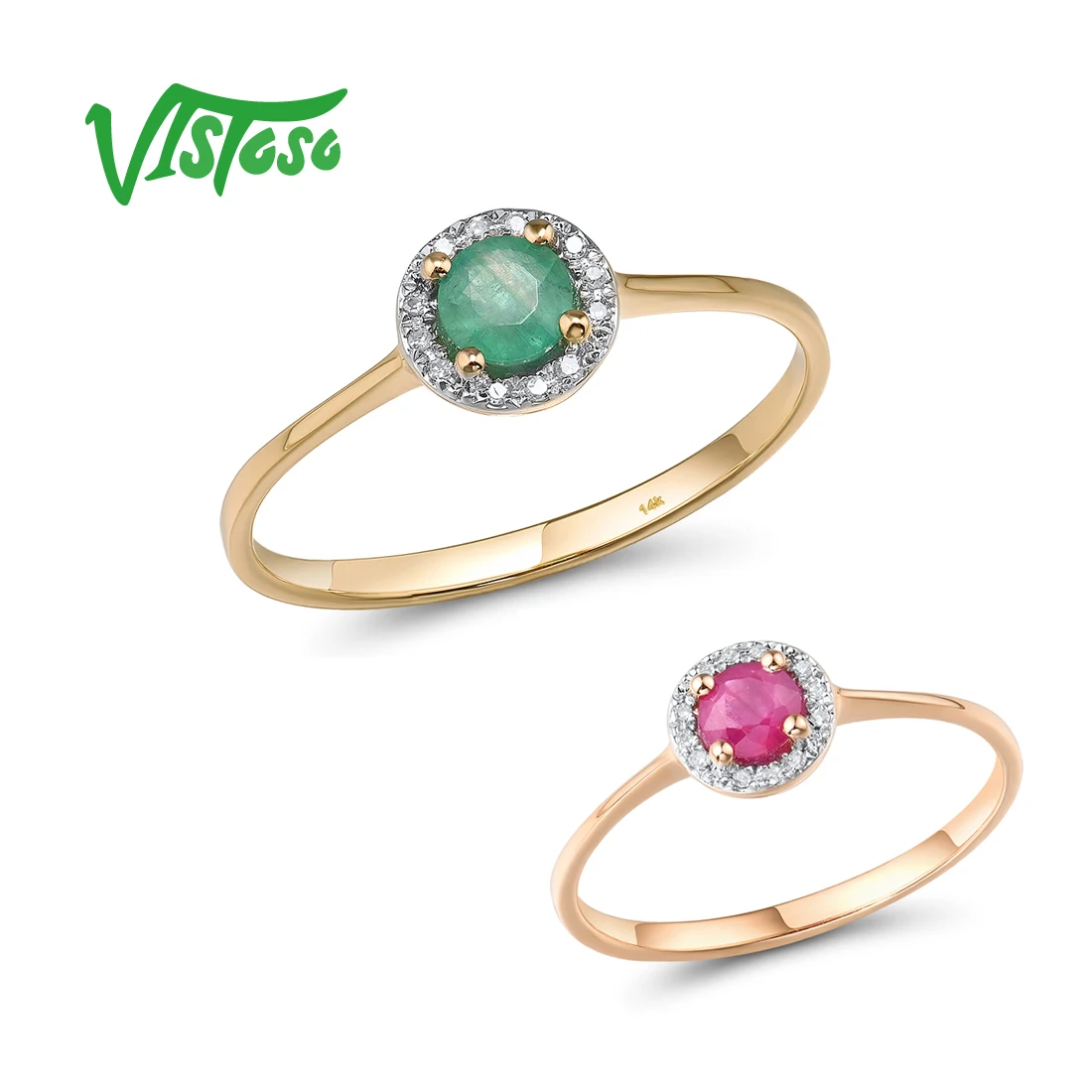 VISTOSO czysta 14K 585 róża/żółte złote pierścionki dla kobiet musujące okrągły diament 4mm Ruby/Emerald luksusowe obrączka Fine Jewelry