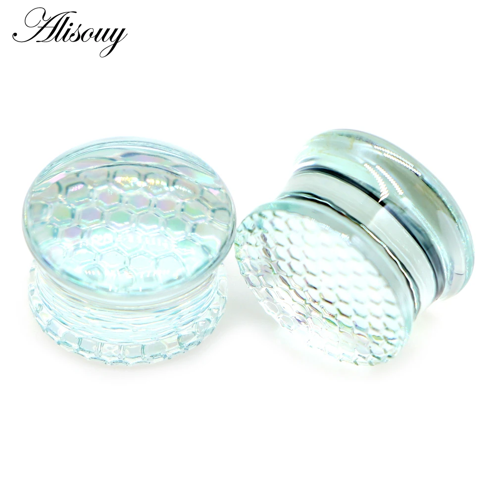 Alisouy 2PC Fashion Transparent Round Glass Ear Plugs Tunnel Strechers Expander Unisex Fake Earrrings Gift Piercing Body Jewelry