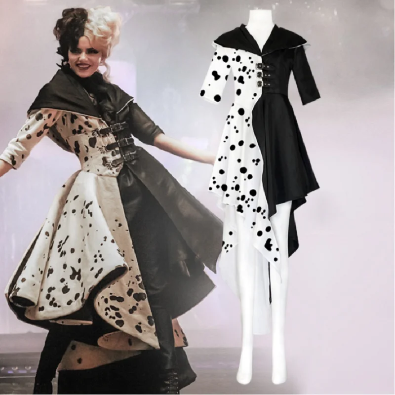 

Movie Cruella De Vil Dress Cosplay Costumes Women's Spotted Black and White Dresses Anime 101 Dalmatians Halloween Costumes