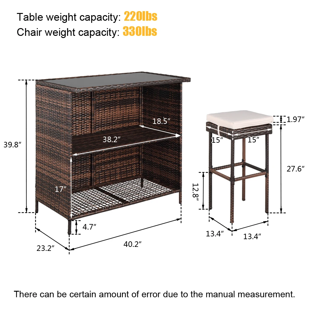 3-Pcs Bar Table Stool Set Include 1 Table + 2 Stool PE Rattan&Iron Frame Brown Gradient[US-Stock]