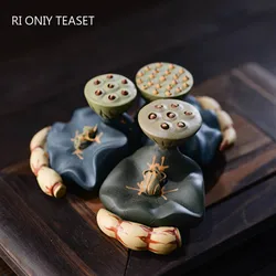 Yixing Purple Clay Tea Pet Frog Lotus Leaf Sculpture Tea Figurine Desktop Ornaments Handmade Crafts Home Tea Set Decoration