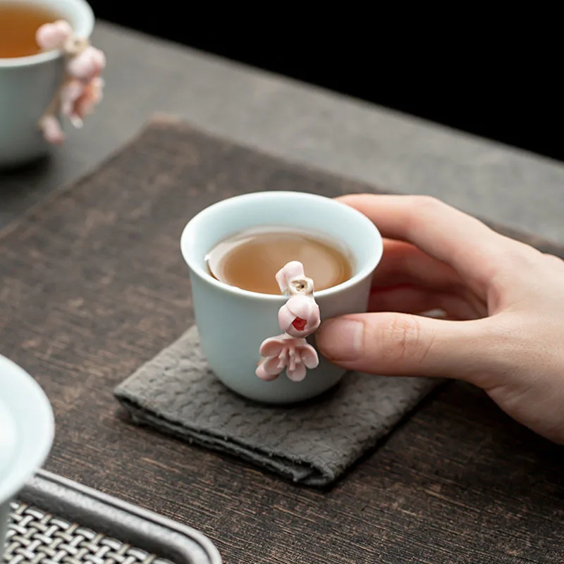 80ml Boutique Azure Ru Kiln Celadon Sample Tea Cup Handmade Knead Pink Plum Blossom Ceramic Smelling Cup Kung Fu Tea Ceremony