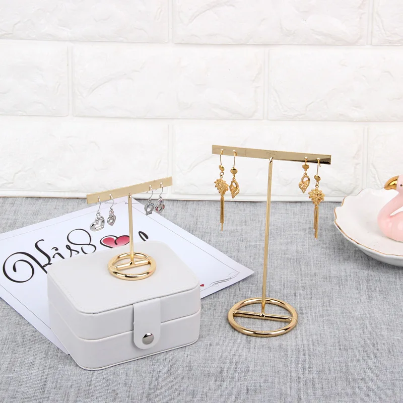 Metal Earring Display Stand Women Desk Jewelry Organizer Gold Color T-bar Ring Necklace Showing Shelf Jewelry Rack