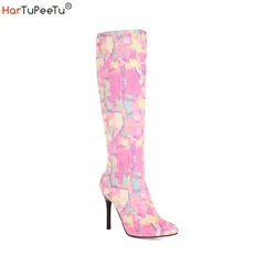 Flock Pink Knee High Boots Women Autumn Winter 2022 Sexy Club Stiletto Hand-Painted Color Lump Zip Female Plus Size 48 Shoes