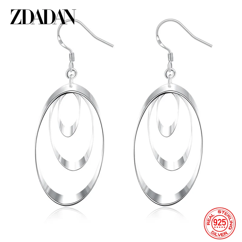 ZDADAN 925 Sterling Silver Three Circle Long Tassel Drop Earrings For Women Engagement Wedding Jewelry Gift