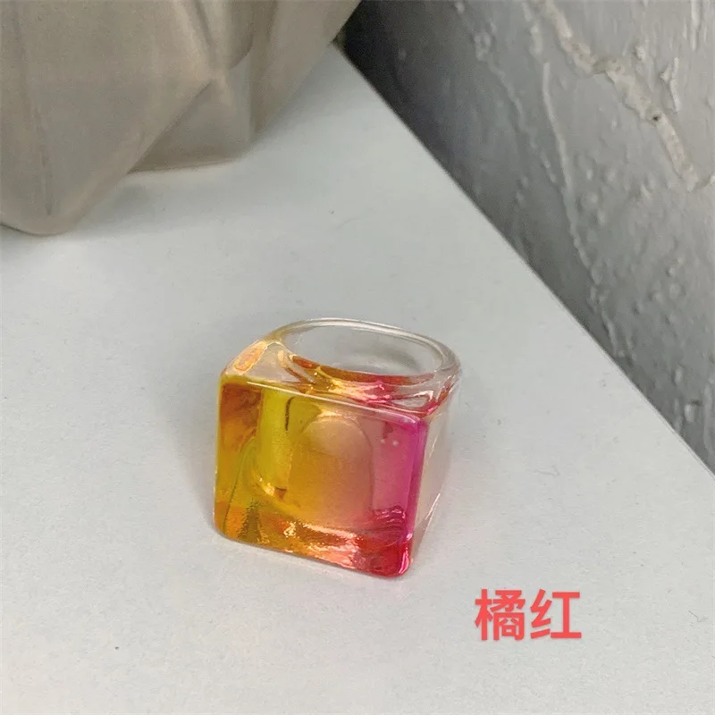 2022 New Korea Harajuku Shiny Square Colorful Transparent Geometric Resin Acrylic Rings For Women Girls Summer Hot Sale Jewelry