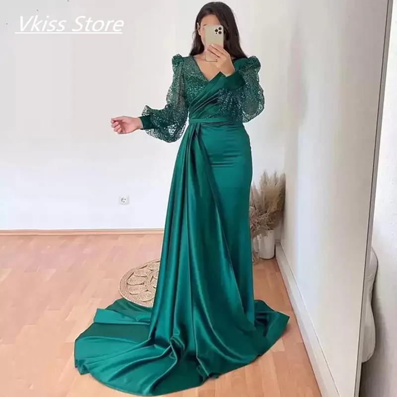 Dark Green Mermaid Evening Dresses Long V Neck Sparkly Sequins Custom Made Plus Size Prom Party Gown Sukienka Wieczorowa New