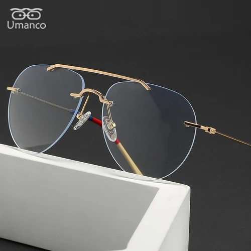 남녀공용 더블 빔 무테 안경, 블루 라이트 방지 안경, 플랫 미러, 광학 처방 안경 프레임, 특대