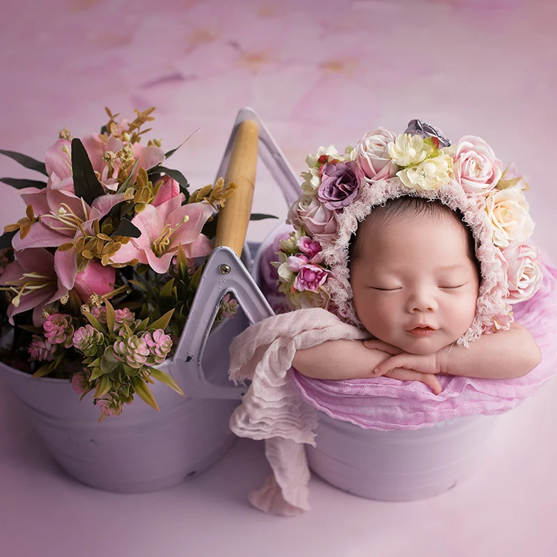 Newborn Photography Props Iron Floral Bucket Twins Boys Girls Photo Shoot Studio Posing Flower Basket Photography Props Gift