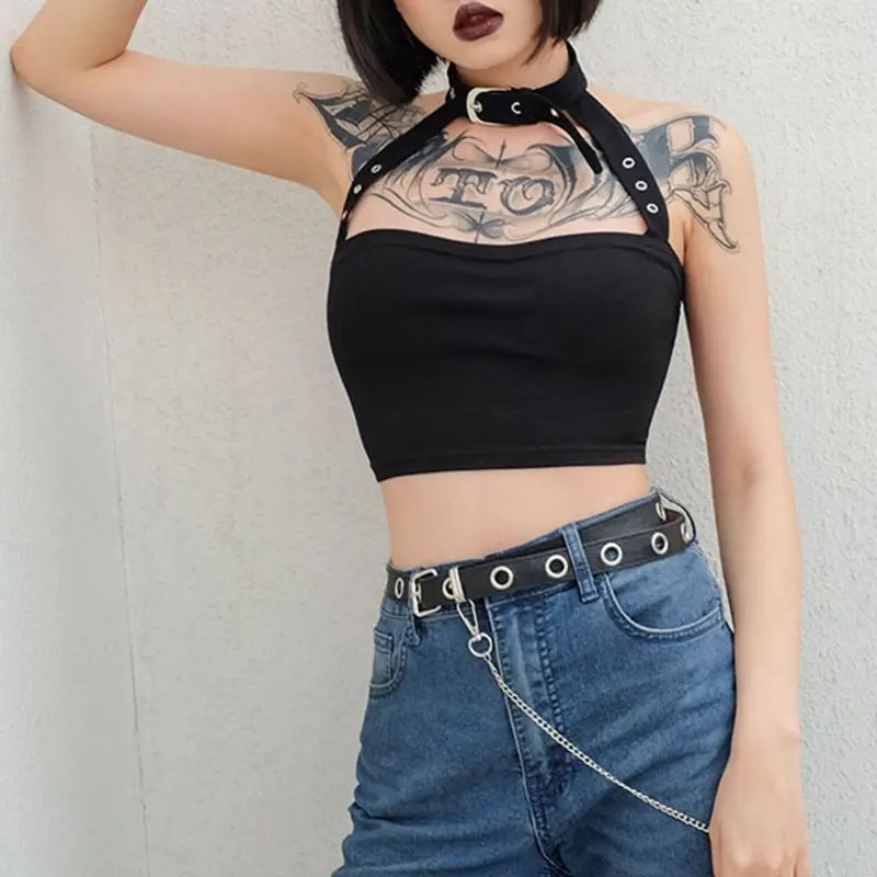 2020 Hot Women Summer Sleeveless Harajuku Short Vest With Necklace Crop Tops Sexy Ladies Halter Camis Top Black Gothic Tank