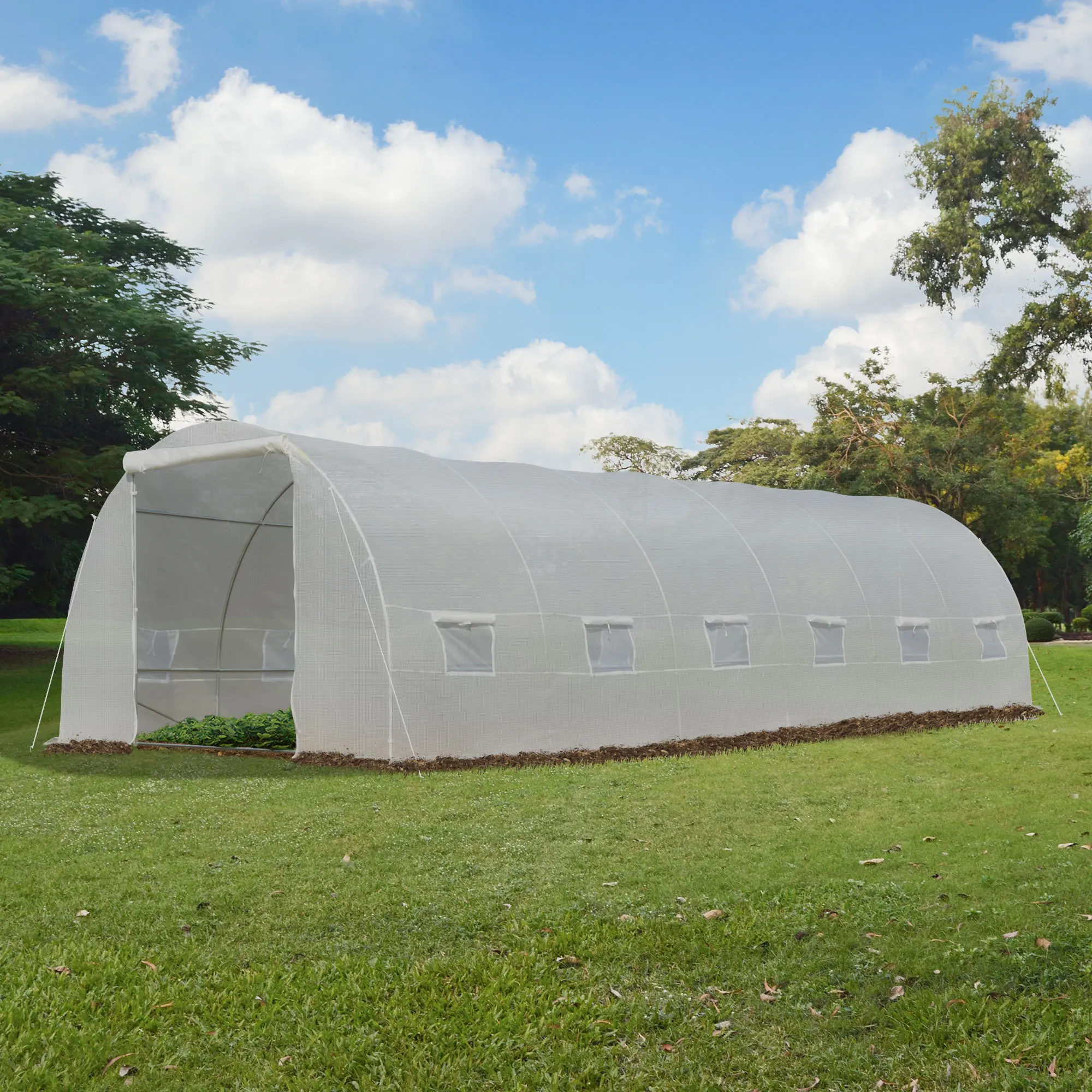 Outsunny Invernadero de Jardín 800x300x200 cm Tipo Túnel para con 12 Ventanas y Puerta Enrollable Acero y PE Blanco