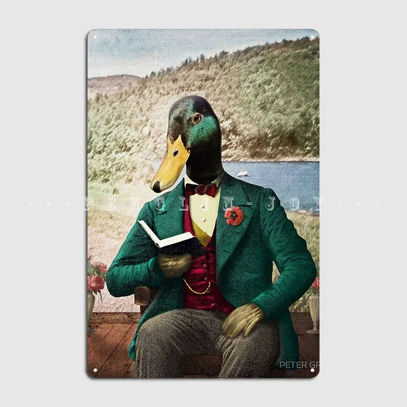 Monsieur Mallard Reading An Improving Book Metal Plaque Poster Cinema Kitchen Club Bar Design Painting Décor Tin Sign Poster