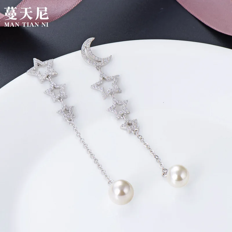 Sterling Silver Jewelry Earrings 925 Sterling Silver Crystal Moon Star With Pearl Stud Earrings Brincos Pendientes de plata