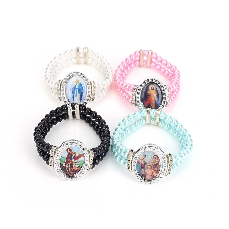 Pearl Central Rosary Sacred Heart Virgin Mary Bracelet Crystal Jesus Sacred Heart Icon Religious Center Gift