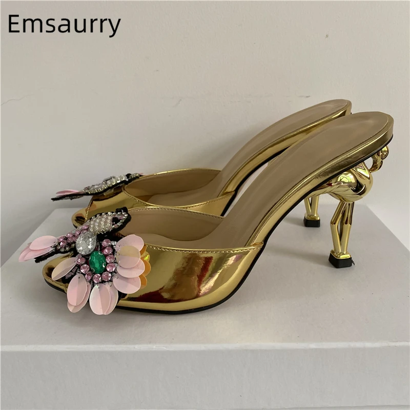 

Bling Sequins Flower Party Sandals Women Rhinestone Butterfly-Knot Slingbacks Runway Mules Flamingo Strange Heel Summer Shoes