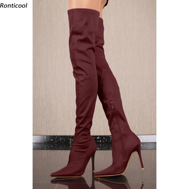 Ronticool New Women Spring Thigh Boots Satin Zipper Stiletto Heels Pointed Toe Adorable 10 Colors Party Shoes Women Us Size 5-15