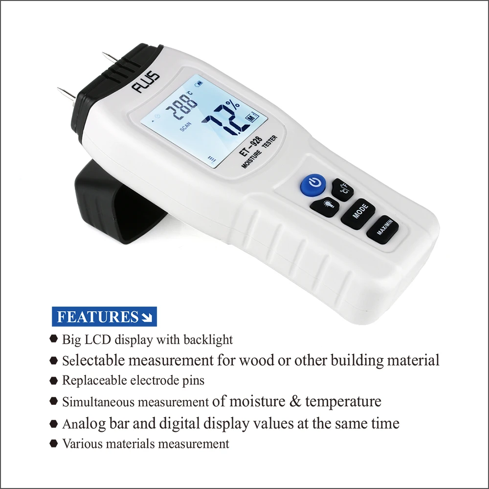 FLUS Portable Digital Wood Water Moisture Meter Thermometer Tester Tools Timber Hygrometer 0~99.9% Wood Moisture Meter