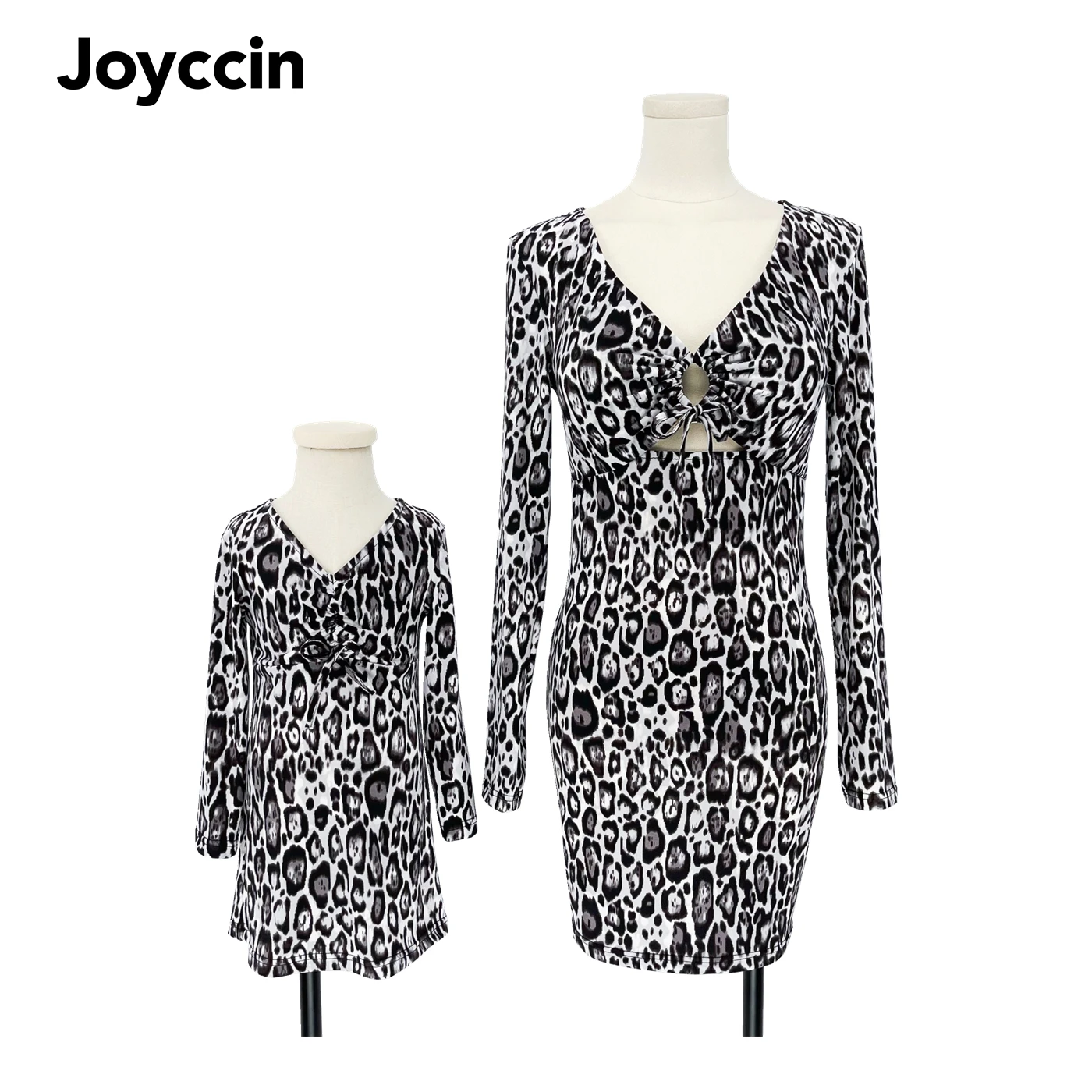 Joyccin Mother Kids Party Dresses Autumn Winter Fashion Multicolor Leopard Print Long Sleeve V-Neck Bodycon Dress