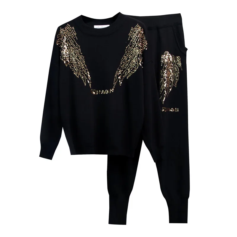 

Elegant Autumn 2 Piece Set Women Beading Sequined Knitted Pants Set Tracksuits Casual Knit Sweaters +Trousers Suit