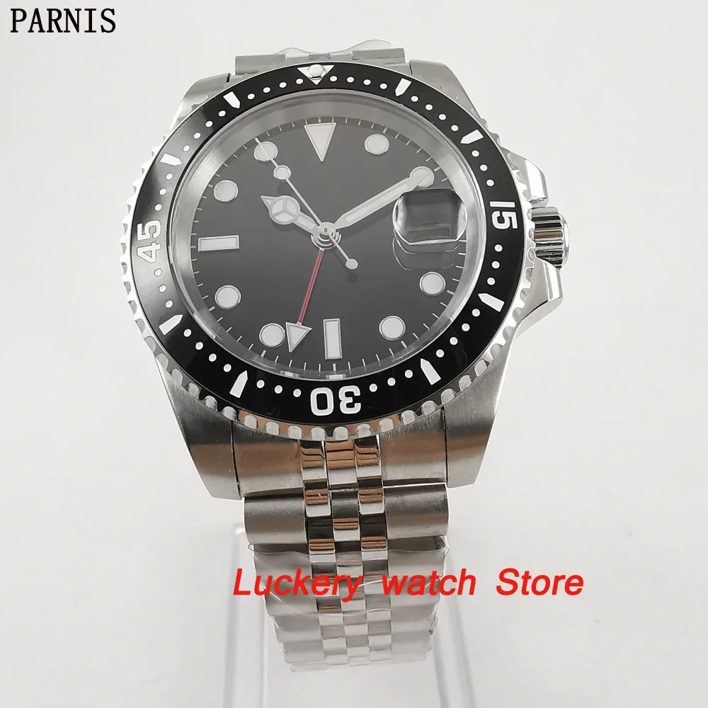 40mm Parnis Black Ceramic Bezel black dial red GMT luminous marks sapphire glass automatic Mens Watch-PA75