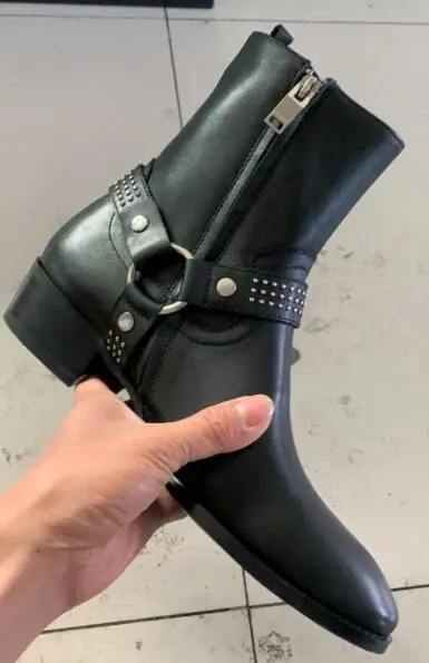 Men Chelsea Boots Black Genuine Leather Cross Buckle Ankle Boots Flats Side Zipper big size 45 46 for shoes man