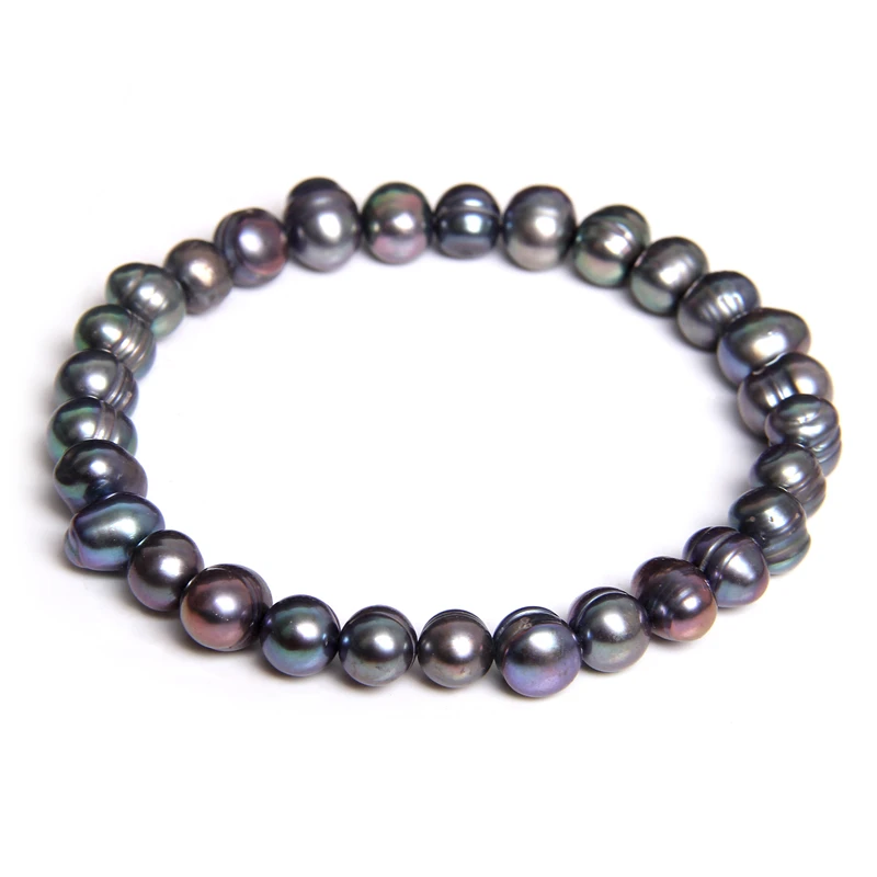 7-8 Freshwater Baroque Black Pearl Bracelet Genuine Natural Pearls Beaded Bangles Elastic Chain for Women Men Fine Jewelry Gift