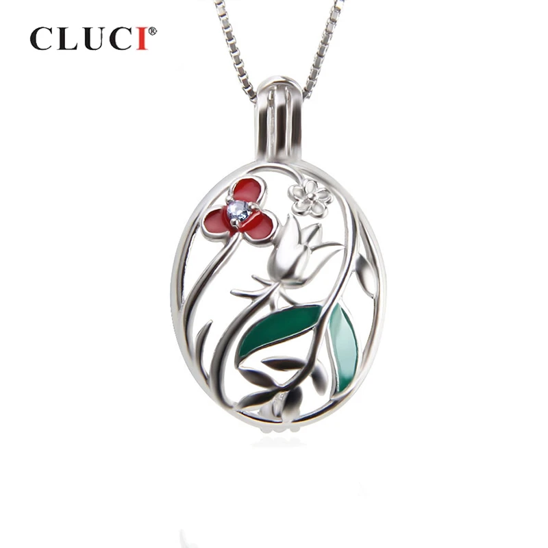 CLUCI 925 Gabbia In Argento Del Pendente Bella Del Fiore Ovale Del Pendente Delle Donne di Zircon Della Pietra Preziosa Del Pendente Della Perla di