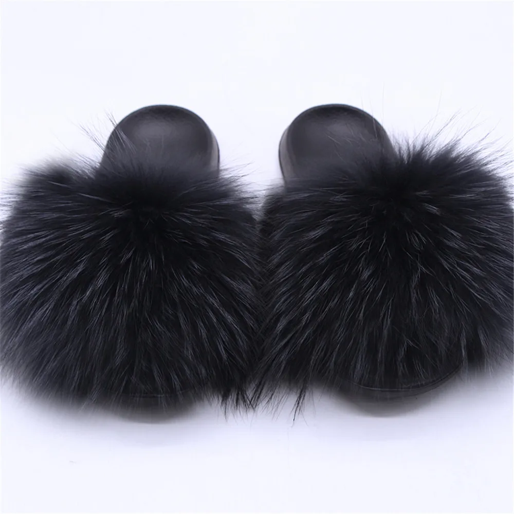 Monochrome Real Pure Natural Raccoon Fur Slippers Summer Indoor Non-Slip Fashion Soft Bottom Fur Fluffy Raccoon Slippers