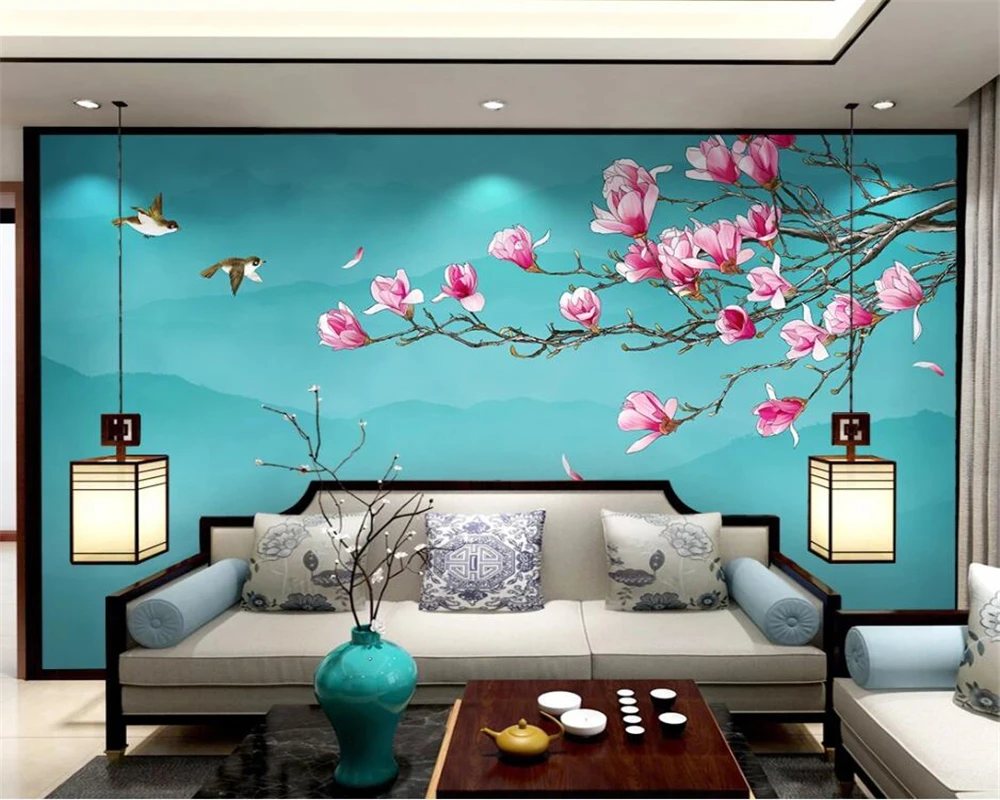 beibehang Customized fashion wallpaper new Chinese style brushwork flowers birds abstract landscape flower background wall paper