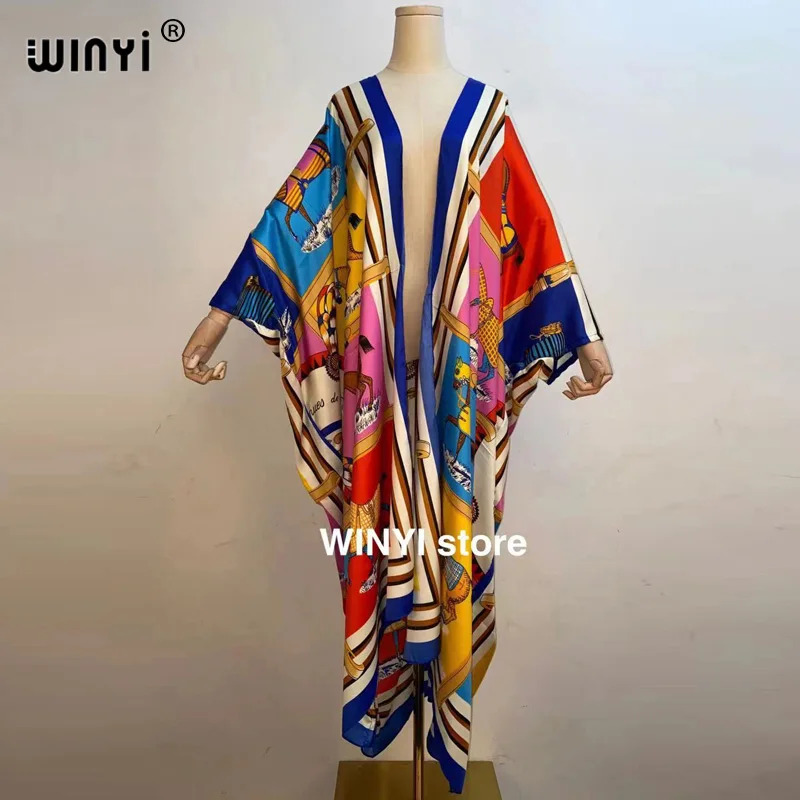 WINYI-Bikini de algodón con estampado bohemio para mujer, Vestido tipo Kimono largo con cinturón y abertura frontal, Túnica de playa, color rosa,