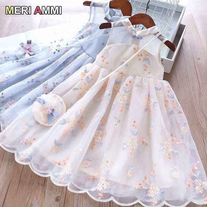 

MERI AMMI Free Bag Gift Chidlren Pretty Flora Embroidery Bow Knot Lace Dress For Kids Girl