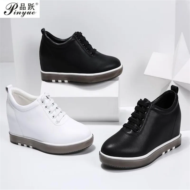 Hide Heel Genuine Leather Shoes Women Fashion Sneakers New Lace Up Height Increasing Casual Shoes White Sneakers