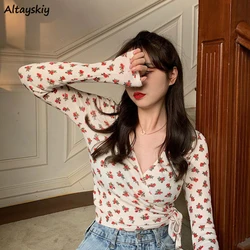 Floral T-shirts Women Spring Trendy Retro Long Sleeve Basic Soft All-match Elegant Ladies Clothing  Ulzzang College Tops