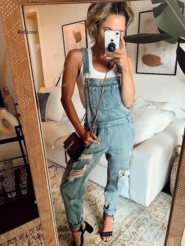 Overalls ผู้หญิง Denim Skinny ล้าง Slim Fit ยาวสีทึบ Ripped กางเกงยีนส์แฟชั่นหญิง Romper Overalls